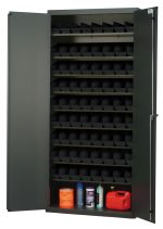 The Quantum Heavy-Duty 36 Bin Cabinet features a robust 14-gauge all-welded construction with eight sloped shelves, each holding up to 400 lbs. It comes with 72 QSB101 black bins and includes a red container, two cylindrical bottles, and two orange Top Load containers at the bottom.