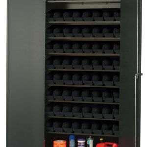The Quantum Heavy-Duty 36 Bin Cabinet features a robust 14-gauge all-welded construction with eight sloped shelves, each holding up to 400 lbs. It comes with 72 QSB101 black bins and includes a red container, two cylindrical bottles, and two orange Top Load containers at the bottom.