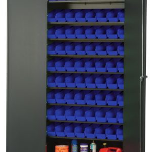 A Quantum Heavy-Duty 36 Bin Cabinet with a gray powder-coated finish, measuring 36W x 18D x 78H, showcases its interior. It features eight sloped shelves with blue QSB101 bins and the bottom shelf holds red safety cans and other containers.