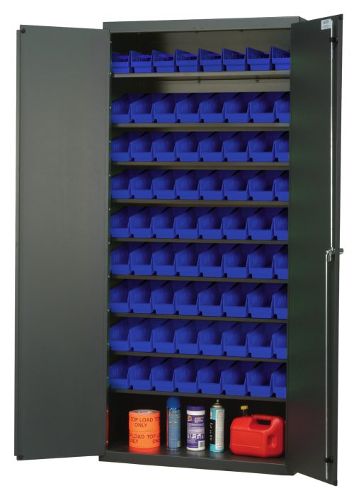 A Quantum Heavy-Duty 36 Bin Cabinet with a gray powder-coated finish, measuring 36W x 18D x 78H, showcases its interior. It features eight sloped shelves with blue QSB101 bins and the bottom shelf holds red safety cans and other containers.