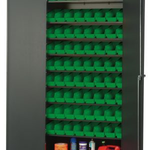 A Quantum Heavy-Duty 36 Bin Cabinet with 14 gauge all-welded construction, gray powder-coated finish, and eight sloped shelves houses seventy-two QSB101 green bins. The cabinet measures 36W x 18D x 78H, and its bottom shelf contains a red fuel can, cleaning supplies, and a blue spray can; the left door is open.
