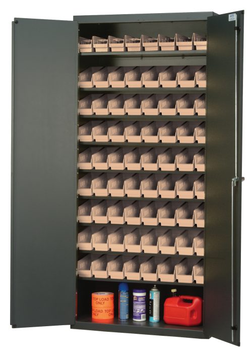QPR-101_IV.jpg The Quantum Heavy-Duty 36 Bin Cabinet, measuring 36W x 18D x 78H, has a gray powder-coated finish and a sturdy 400 lb. capacity per shelf. It features eight sloped shelves and includes 72 QSB101 ivory bins for organized storage with additional space for red containers or spray cans on the bottom shelf.