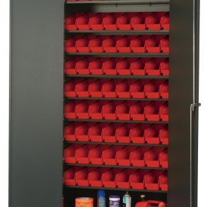The Quantum Heavy-Duty 36 Bin Cabinet, measuring 36W x 18D x 78H, features a robust 14-gauge all-welded construction and a gray powder-coated finish. With one door open, the cabinet reveals eight sloped shelves and includes 72 QSB101 red bins while supporting up to 400 lb. per shelf.