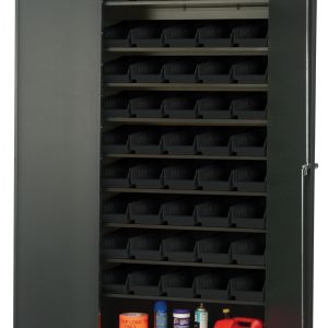 The Quantum Heavy-Duty 36 Bin Cabinet in a gray powder-coated finish features an all-welded 14-gauge construction, sloped shelves, and black bins with a 400 lb. capacity per shelf. Its ample space stores various items like red gas cans and bottled liquids easily visible with the door partially open.