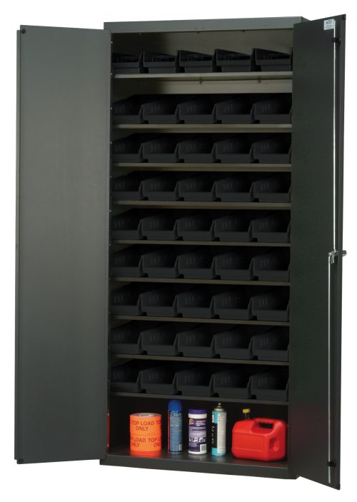 The Quantum Heavy-Duty 36 Bin Cabinet in a gray powder-coated finish features an all-welded 14-gauge construction, sloped shelves, and black bins with a 400 lb. capacity per shelf. Its ample space stores various items like red gas cans and bottled liquids easily visible with the door partially open.