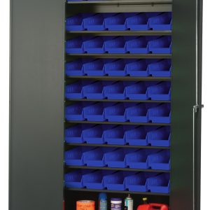 The Quantum Heavy-Duty 36 Bin Cabinet is 36W x 18D x 78H with a capacity of 400 lbs per shelf. It has a sturdy 14-gauge all-welded construction, includes eight sloped shelves and comes with 45 QSB102 blue bins in a gray powder-coated finish.