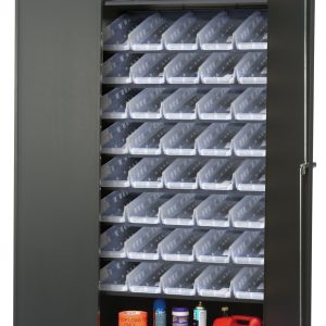 The Quantum Heavy-Duty 36 Bin Cabinet, with a size of 36W x 18D x 78H and a capacity of 400 lbs per shelf, features (8) sloped shelves and (45) QSB102 clear bins. It is made of all-welded 14-gauge construction with a gray powder-coated finish.