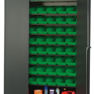 The Quantum Heavy-Duty 36 Bin Cabinet, boasting a gray powder-coated finish and dimensions of 36W x 18D x 78H, includes eight sloped shelves with a capacity of 400 lbs per shelf and comes with forty-five QSB102 green bins for organized storage.