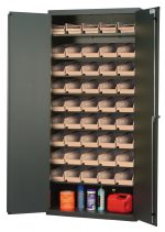 The Quantum Heavy-Duty 36 Bin Cabinet, measuring 36W x 18D x 78H and featuring a gray powder-coated finish, has double doors that open to reveal its 14-gauge all-welded construction, eight sloped shelves with 45 QSB102 ivory bins, and space for items like a red fuel container and spray cans.