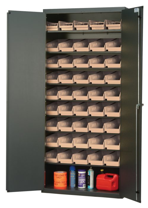 QPR-102_IV.jpg The Quantum Heavy-Duty 36 Bin Cabinet, measuring 36W x 18D x 78H and featuring a gray powder-coated finish, has double doors that open to reveal its 14-gauge all-welded construction, eight sloped shelves with 45 QSB102 ivory bins, and space for items like a red fuel container and spray cans.