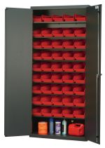 The Quantum Heavy-Duty 36 Bin Cabinet boasts a 400 lb. capacity per shelf, featuring a durable 14-gauge all-welded construction. It includes eight sloped shelves and 45 QSB102 red bins that can hold various items, like spray cans and a small red container, with a gray powder-coated finish.