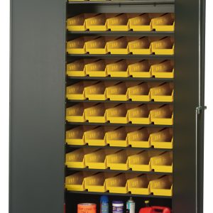 The Quantum Heavy-Duty 36 Bin Cabinet features a gray powder-coated finish and includes (8) sloped shelves with (45) QSB102 yellow bins for small items. It measures 36W x 18D x 78H and each shelf has a capacity of 400 lbs, also housing a red gas can and bottles on the lower shelf.