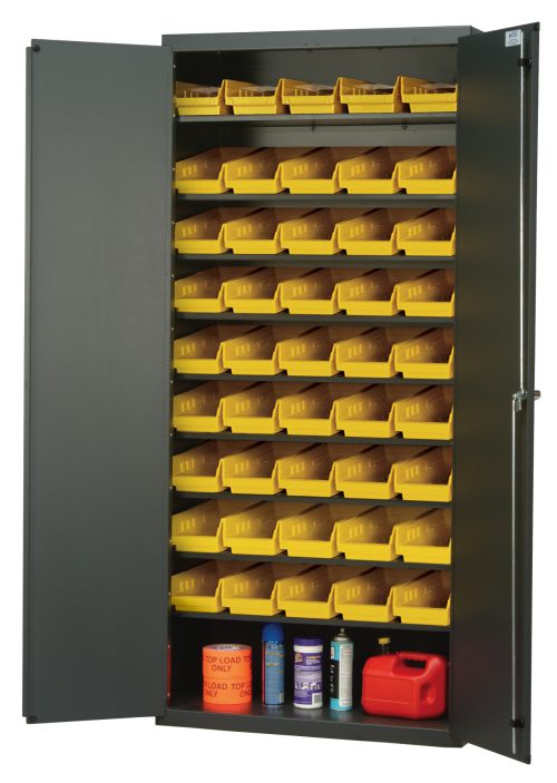 The Quantum Heavy-Duty 36 Bin Cabinet features a gray powder-coated finish and includes (8) sloped shelves with (45) QSB102 yellow bins for small items. It measures 36W x 18D x 78H and each shelf has a capacity of 400 lbs, also housing a red gas can and bottles on the lower shelf.