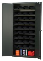 The Quantum Heavy-Duty 36 Bin Cabinet, featuring a sleek gray powder-coated finish and eight sloped shelves, comes with 36 black QSB103 bins. The cabinets sturdy 14-gauge all-welded construction supports up to 400 lbs per shelf inside its 36W x 18D x 78H frame.
