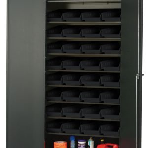 The Quantum Heavy-Duty 36 Bin Cabinet, featuring a sleek gray powder-coated finish and eight sloped shelves, comes with 36 black QSB103 bins. The cabinets sturdy 14-gauge all-welded construction supports up to 400 lbs per shelf inside its 36W x 18D x 78H frame.