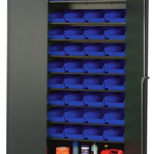 The 36 Quantum Heavy-Duty Bin Cabinet with a gray powder-coated finish features all-welded 14-gauge construction, housing eight sloped shelves and 36 QSB103 blue bins. With the doors wide open, the bottom shelf holds a red gas can, yellow container, gray spray can, and white bottle.