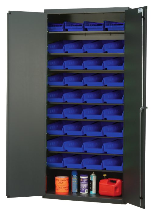 QPR-107_BL.jpg The 36 Quantum Heavy-Duty Bin Cabinet with a gray powder-coated finish features all-welded 14-gauge construction, housing eight sloped shelves and 36 QSB103 blue bins. With the doors wide open, the bottom shelf holds a red gas can, yellow container, gray spray can, and white bottle.
