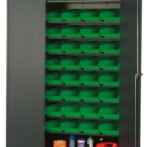 A tall Quantum Heavy-Duty 36 Bin Cabinet with gray powder-coating and 14-gauge all-welded construction stands open, revealing its eight sloped shelves and 36 QSB103 green bins, while the bottom shelf holds various items like a red gasoline can and blue oil container.