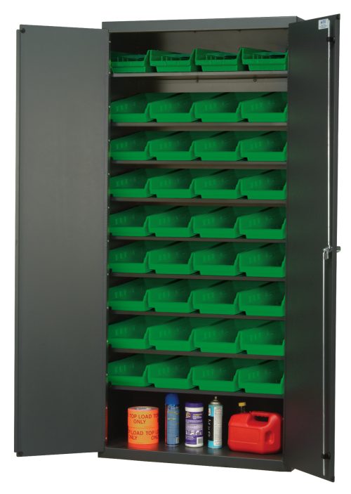 QPR-107_GN.jpg A tall Quantum Heavy-Duty 36 Bin Cabinet with gray powder-coating and 14-gauge all-welded construction stands open, revealing its eight sloped shelves and 36 QSB103 green bins, while the bottom shelf holds various items like a red gasoline can and blue oil container.