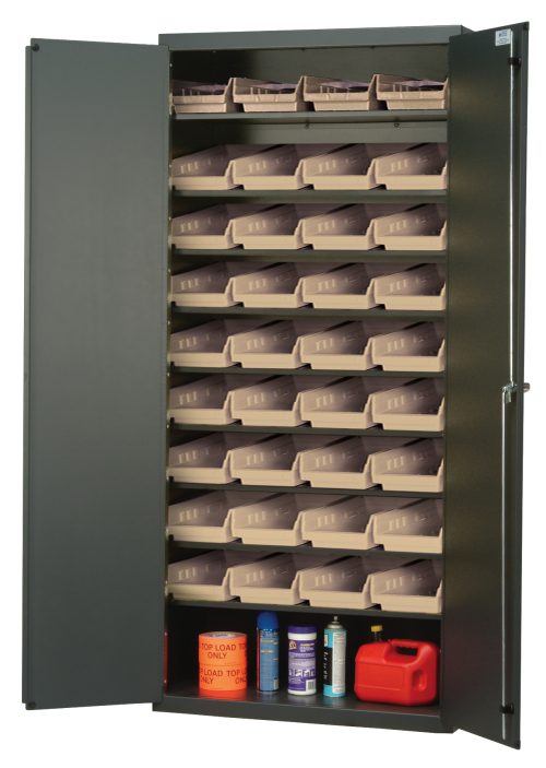 QPR-107_IV.jpg The Quantum Heavy-Duty 36 Bin Cabinet, 36W x 18D x 78H, offers a robust design with its gray powder-coated, 14 gauge all-welded construction. It includes eight sloped shelves and thirty-six QSB103 ivory bins, each shelf supporting up to 400 lbs for storing various items securely.