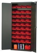 The Quantum Heavy-Duty 36 Bin Cabinet measures 36W x 18D x 78H, featuring a gray powder-coated finish with open doors. It includes sloped shelves holding rows of QSB103 red bins on the top and various items like a red gasoline canister on the bottom tiers, all supported by a sturdy all-welded, 14-gauge construction.