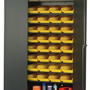 The Quantum Heavy-Duty 36 Bin Cabinet, measuring 36W x 18D x 78H, features a gray powder-coated finish. It includes eight sloped shelves and thirty-six QSB103 yellow bins, offering ample space for items like a red gas can, blue oil can, spray bottle, and red container with a lid.
