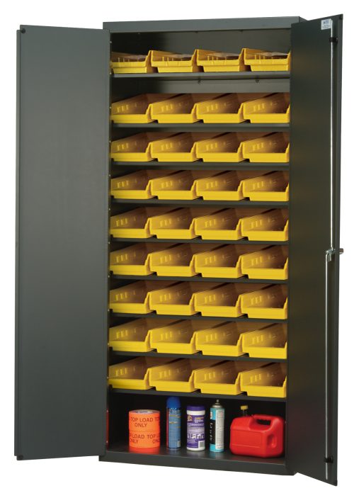 The Quantum Heavy-Duty 36 Bin Cabinet, measuring 36W x 18D x 78H, features a gray powder-coated finish. It includes eight sloped shelves and thirty-six QSB103 yellow bins, offering ample space for items like a red gas can, blue oil can, spray bottle, and red container with a lid.