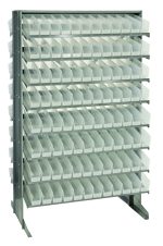 The Quantum Pick Rack is a sloped, double-sided metal storage unit measuring 24L x 36W x 60H with an 800 lbs. capacity. It features 16 shelves and includes 192 QSB100 clear bins for organizing small items or tools.