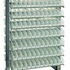 The Quantum Pick Rack is a sloped, double-sided metal storage unit measuring 24L x 36W x 60H with an 800 lbs. capacity. It features 16 shelves and includes 192 QSB100 clear bins for organizing small items or tools.