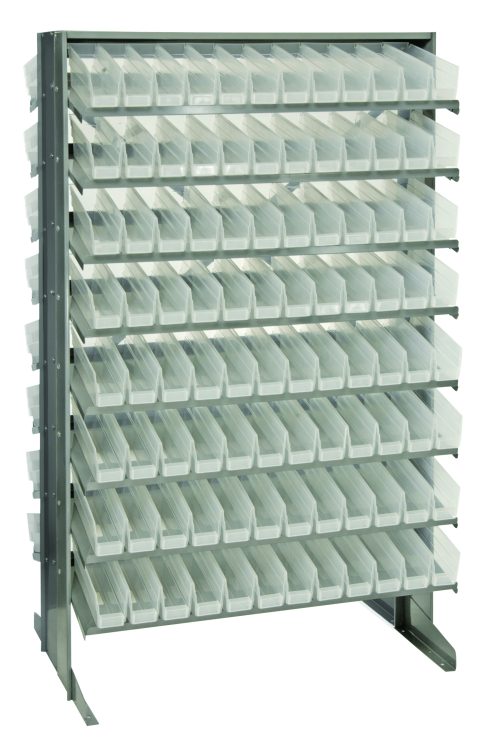 The Quantum Pick Rack is a sloped, double-sided metal storage unit measuring 24L x 36W x 60H with an 800 lbs. capacity. It features 16 shelves and includes 192 QSB100 clear bins for organizing small items or tools.