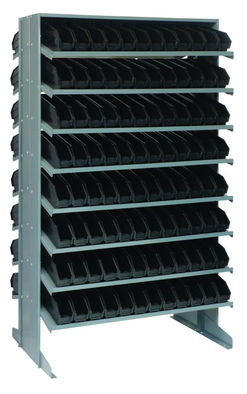 The Quantum Pick Rack is a double-sided metal shelving unit measuring 24L x 36W x 60H, featuring 16 sloped shelves with a total capacity of 800 lbs. It includes 192 QSB100 black bins for a tidy, organized look.