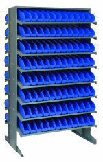 The Quantum Pick Rack features a sloped, double-sided design with 16 shelves and includes 192 Qsb100 blue bins for organizing small parts or tools, measuring 24L x 36W x 60H and supporting up to 800 lbs.