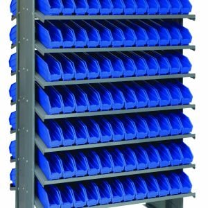 The Quantum Pick Rack features a sloped, double-sided design with 16 shelves and includes 192 Qsb100 blue bins for organizing small parts or tools, measuring 24L x 36W x 60H and supporting up to 800 lbs.