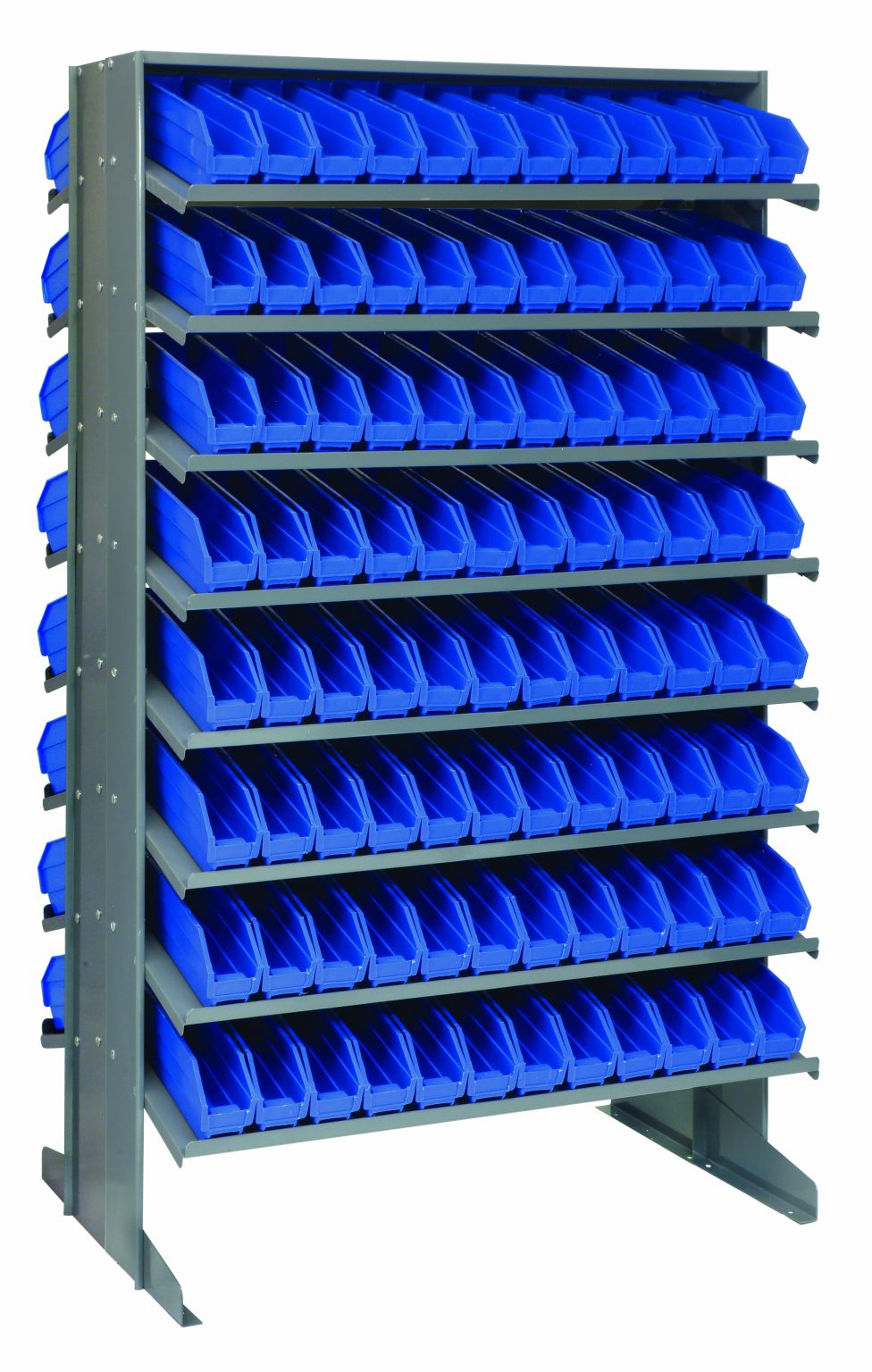 Gray double-sided sloped pick rack loaded with blue shelf bins