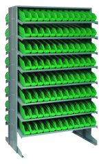 The Quantum Pick Rack, with a sloped, double-sided design and dimensions of 24L x 36W x 60H, includes 192 QSB100 green bins. It features an adjustable 16-shelf configuration and can hold up to 800 lbs., ideal for organizing tools or small parts.