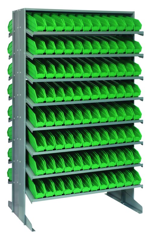 The Quantum Pick Rack, with a sloped, double-sided design and dimensions of 24L x 36W x 60H, includes 192 QSB100 green bins. It features an adjustable 16-shelf configuration and can hold up to 800 lbs., ideal for organizing tools or small parts.