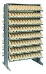 The Quantum Pick Rack is a double-sided unit, measuring 24L x 36W x 60H. It features slopped shelves for securing items and includes 192 ivory bins for efficient small parts or tools organization. The rack has a capacity of 800 lbs and comes with a configuration of 16 shelves.