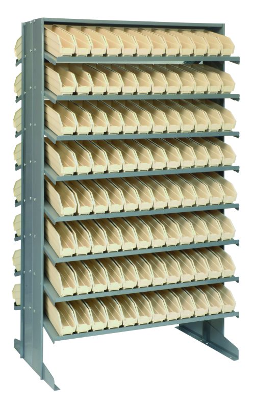 The Quantum Pick Rack is a double-sided unit, measuring 24L x 36W x 60H. It features slopped shelves for securing items and includes 192 ivory bins for efficient small parts or tools organization. The rack has a capacity of 800 lbs and comes with a configuration of 16 shelves.