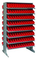 The Quantum Pick Rack is a freestanding, double-sided shelving unit with a 24L x 36W x 60H frame, featuring 16 sloped shelves and a capacity of 800 lbs. It includes 192 Qsb100 red bins and is perfect for organizing small items in workshops or warehouses.