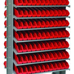 The Quantum Pick Rack is a freestanding, double-sided shelving unit with a 24L x 36W x 60H frame, featuring 16 sloped shelves and a capacity of 800 lbs. It includes 192 Qsb100 red bins and is perfect for organizing small items in workshops or warehouses.