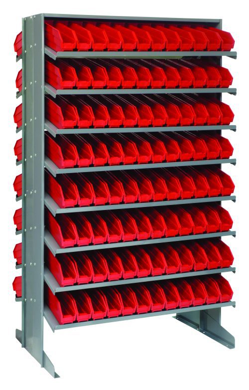 The Quantum Pick Rack is a freestanding, double-sided shelving unit with a 24L x 36W x 60H frame, featuring 16 sloped shelves and a capacity of 800 lbs. It includes 192 Qsb100 red bins and is perfect for organizing small items in workshops or warehouses.