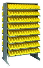 The Quantum Pick Rack is a double-sided, sloped metal storage unit measuring 24L x 36W x 60H with a capacity of 800 lbs. It includes 16 shelves and comes with 192 QSB100 yellow bins, offering a structured and efficient storage solution for any space.