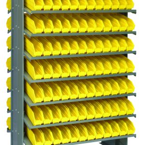 The Quantum Pick Rack is a double-sided, sloped metal storage unit measuring 24L x 36W x 60H with a capacity of 800 lbs. It includes 16 shelves and comes with 192 QSB100 yellow bins, offering a structured and efficient storage solution for any space.