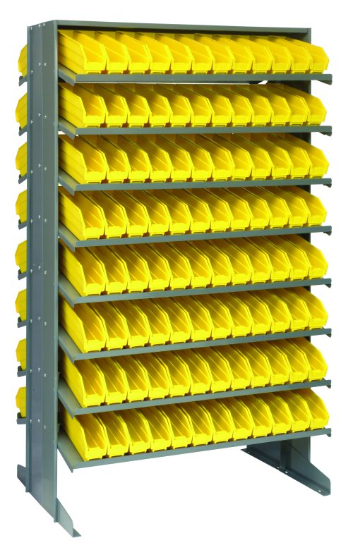 The Quantum Pick Rack is a double-sided, sloped metal storage unit measuring 24L x 36W x 60H with a capacity of 800 lbs. It includes 16 shelves and comes with 192 QSB100 yellow bins, offering a structured and efficient storage solution for any space.