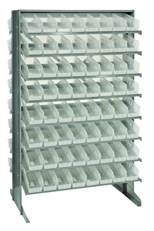 The Quantum Pick Rack is a double-sided, 24L x 36W x 60H metal shelving unit with an industrial design. It features 16 sloped shelves and includes 128 Qsb101 clear bins, making it perfect for organized storage and easy access to small parts or supplies. Capacity: 800 lbs.