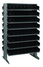 The Quantum Pick Rack, sloped and double-sided, measures 24L x 36W x 60H and holds up to 800 lbs. It features a front view of its (16) shelf configuration with (128) QSB101 black bins for organizing small items.
