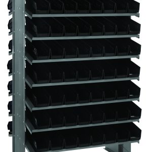 The Quantum Pick Rack, sloped and double-sided, measures 24L x 36W x 60H and holds up to 800 lbs. It features a front view of its (16) shelf configuration with (128) QSB101 black bins for organizing small items.