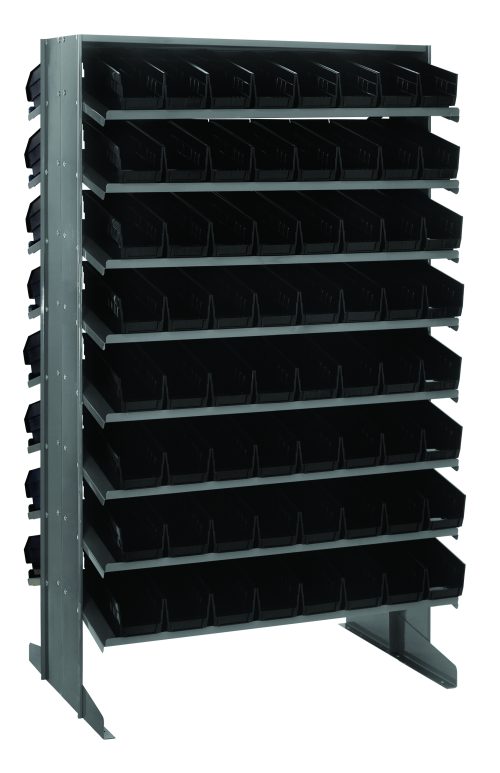 The Quantum Pick Rack, sloped and double-sided, measures 24L x 36W x 60H and holds up to 800 lbs. It features a front view of its (16) shelf configuration with (128) QSB101 black bins for organizing small items.