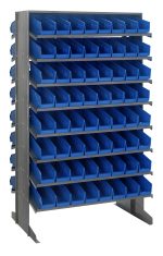 The Quantum Pick Rack is a double-sided, freestanding shelving unit measuring 24L x 36W x 60H, with an 800 lbs. capacity. It features a sloped design with 16 shelves and includes 128 Qsb101 blue bins for organizing small parts or tools.