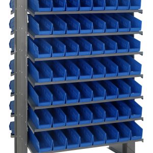 The Quantum Pick Rack is a double-sided, freestanding shelving unit measuring 24L x 36W x 60H, with an 800 lbs. capacity. It features a sloped design with 16 shelves and includes 128 Qsb101 blue bins for organizing small parts or tools.